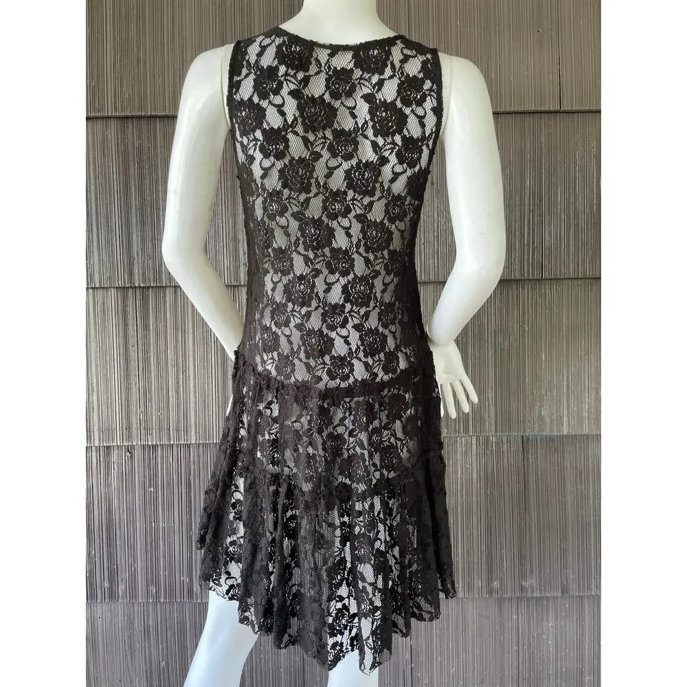 🔥Free People Black Lace Sheer Fit Flare Tiered Mini Dress Coquette Goth Grunge